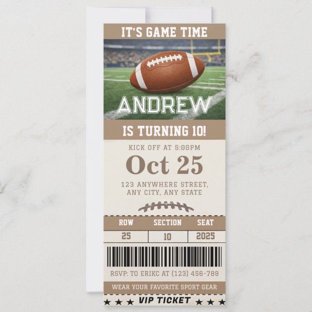 Personalized Football-Themed Birthday Ticket  Invitation (Front)