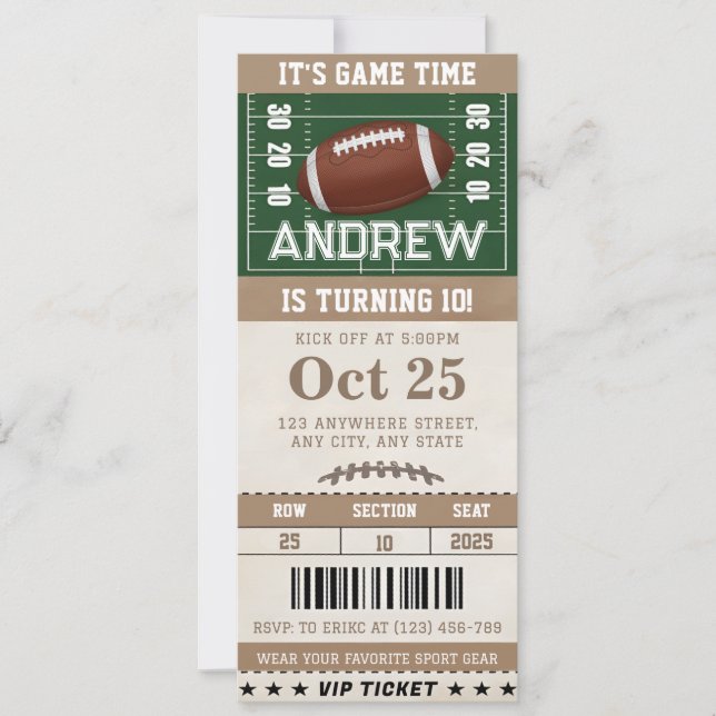 Personalized Football-Themed Birthday Ticket  Invitation (Front)