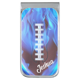 Personalized Football with Blue Flames Silver Finish Money Clip