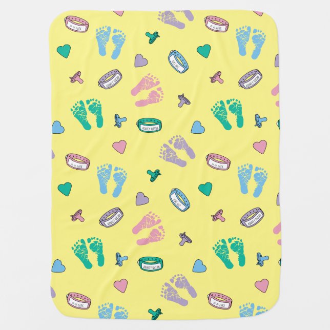 Personalized Footprints Binkies and ID Bands Baby Blanket (Front)