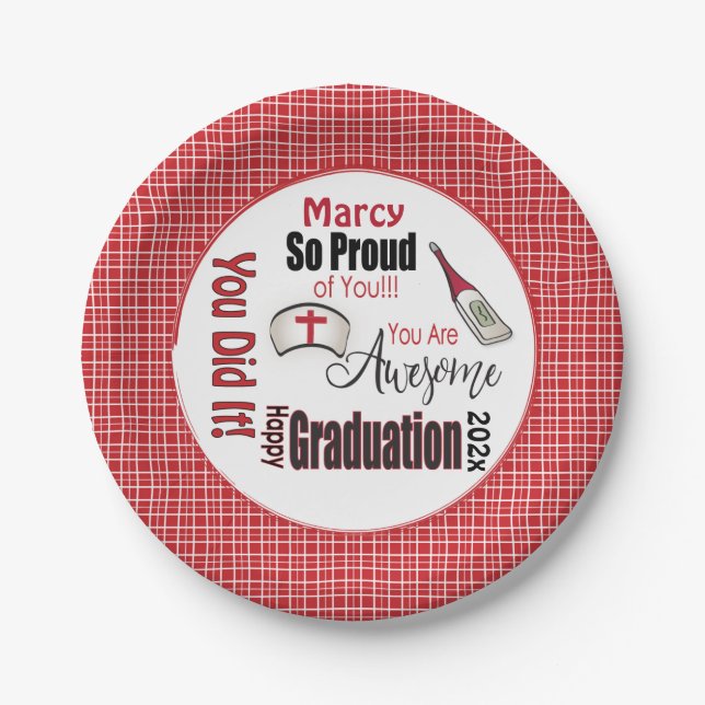 Personalized for Her Red Plaid Nurse Graduation  Paper Plates (Front)