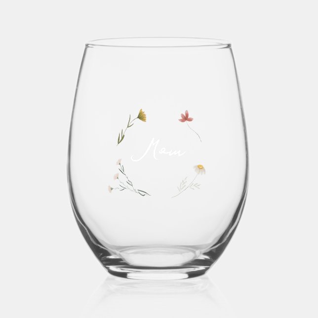 Personalized for Mom Floral Stemless Wine Glass (Front)