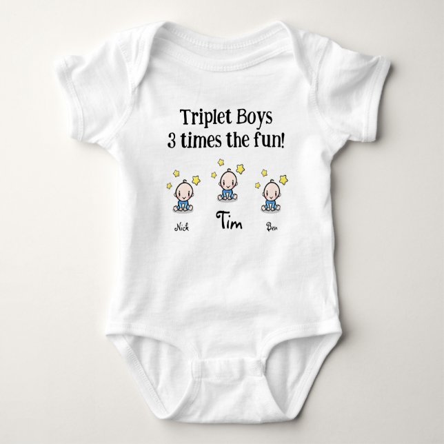 personalized for triplets, 3 boys, gift idea,   baby bodysuit (Front)