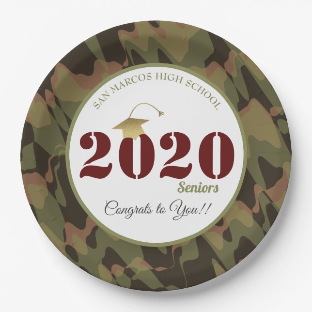 Personalized Forest Camouflage Pattern Graduation Paper Plates (Front)