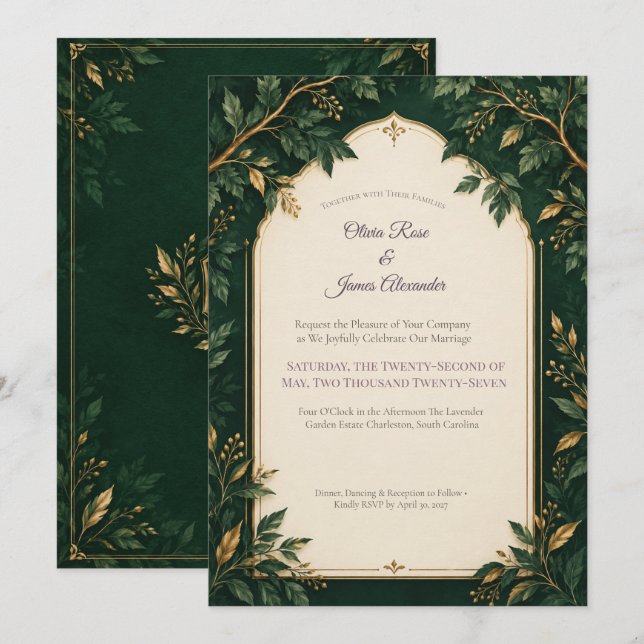 Personalized Forest Green Gold Wedding Invitations (Front/Back)