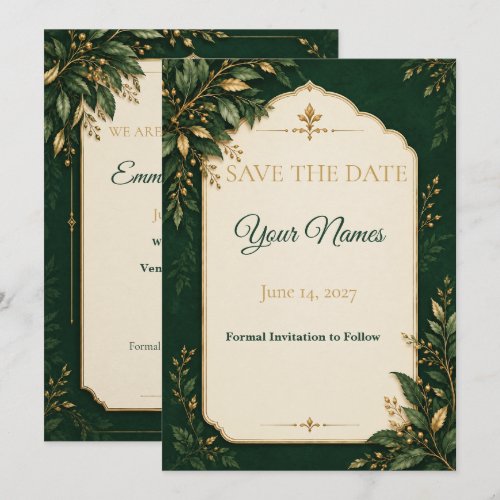 Personalized Forest Green Gold Wedding Save the Date