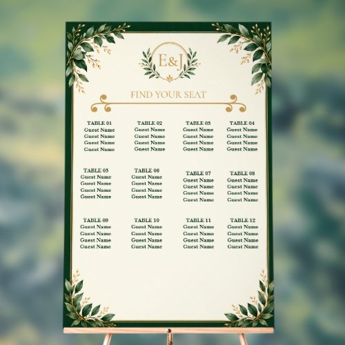 Personalized Forest Green Gold Wedding Seating Acrylic Sign