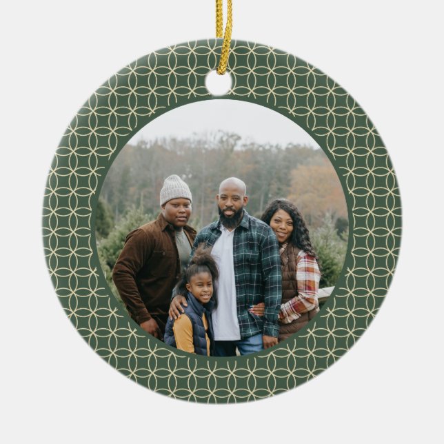 Personalized Forest Green Pattern Christmas Photo Ceramic Ornament (Front)