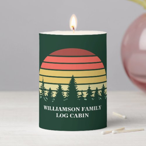 Personalized Forest Green Sunset Log Cabin Pillar Candle