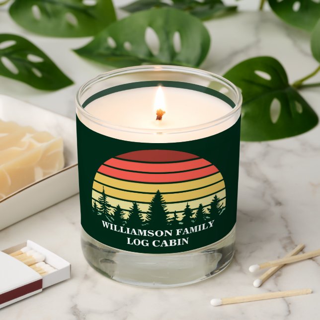 Personalized Forest Green Sunset Log Cabin Scented Candle (Lit)
