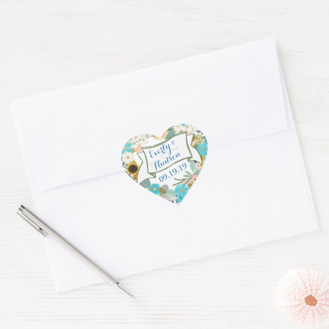 Personalized Forever Aqua and Pink Garland Wedding Heart Sticker (Envelope)