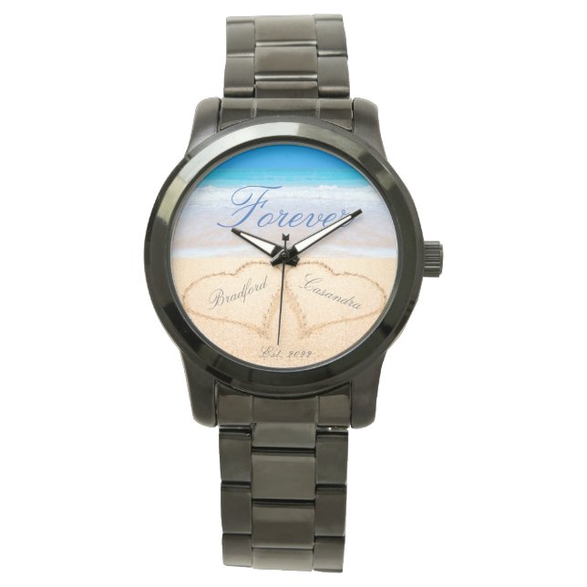  Personalized Forever Hearts in Sand Beach Wedding Watch (Front)