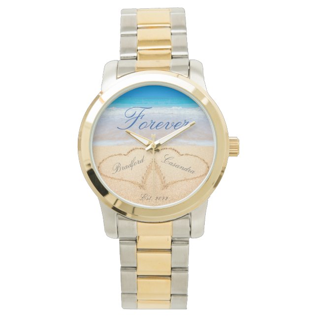  Personalized Forever Hearts in Sand Beach Wedding Watch (Front)