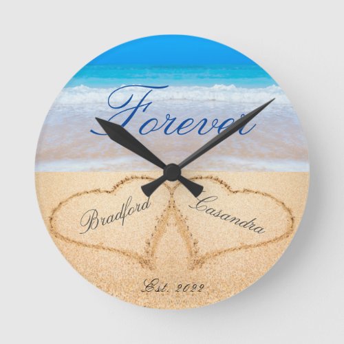 Personalized Forever  Hearts in Sand  Wedding Round Clock