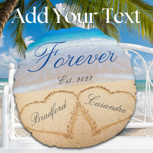 Personalized Forever Hearts in Sand Wedding Thr Round Pillow