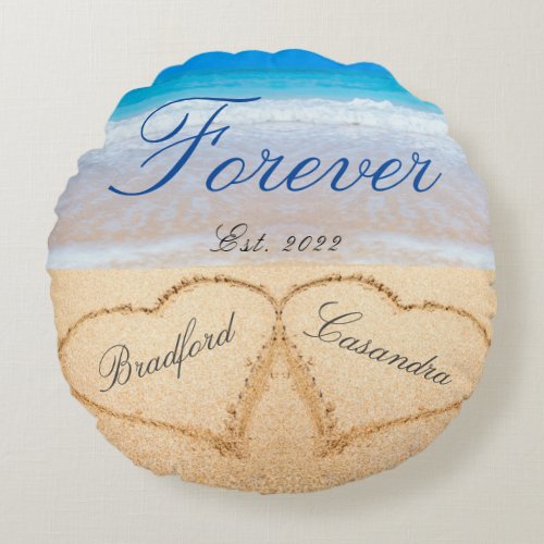 Personalized Forever  Hearts in Sand  Wedding Thr Round Pillow