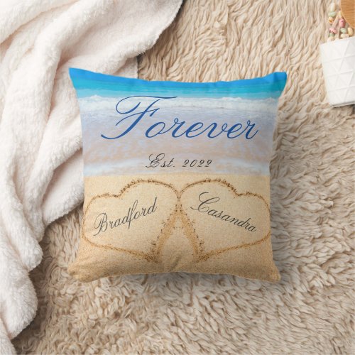 Personalized Forever  Hearts in Sand  Wedding Throw Pillow