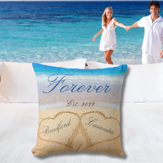 Personalized Forever | Hearts in Sand  Wedding Throw Pillow (Creator Uploaded)