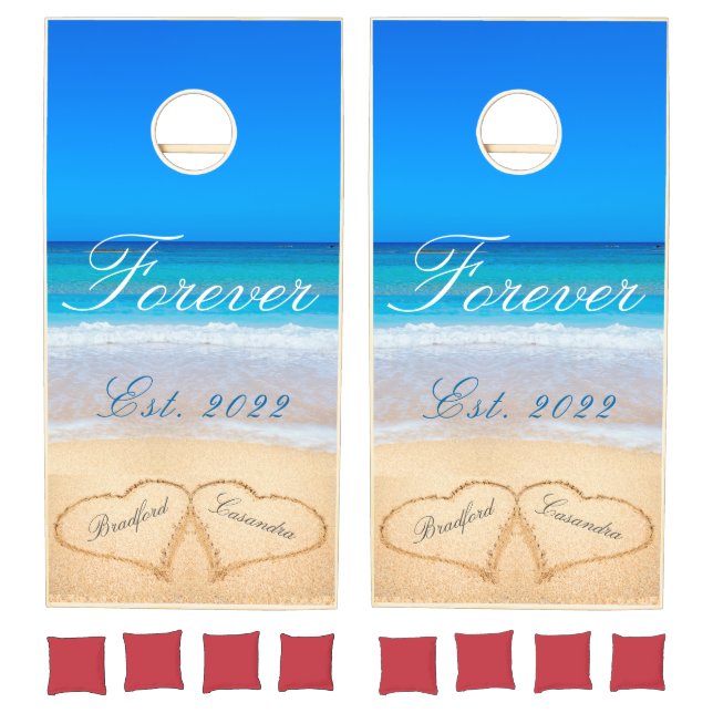 Personalized Forever | Hearts Sand Beach Wedding  Cornhole Set (Set)