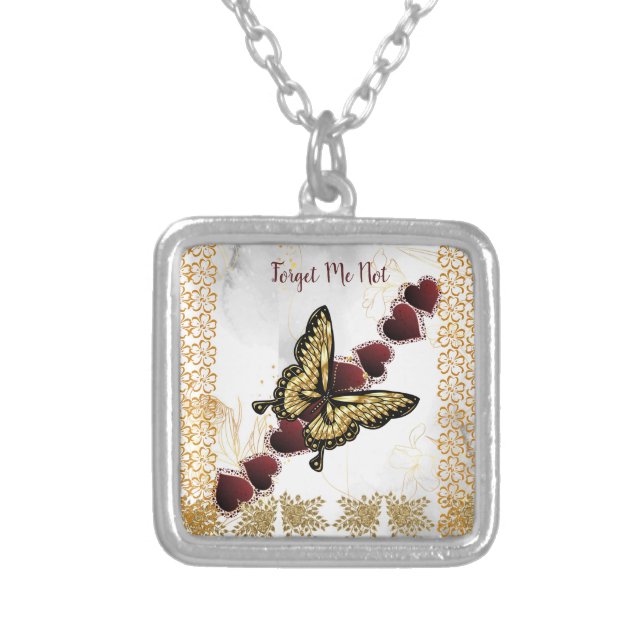 Personalized Forget Me Not Roses Heart Butterfly Silver Plated Necklace (Front)