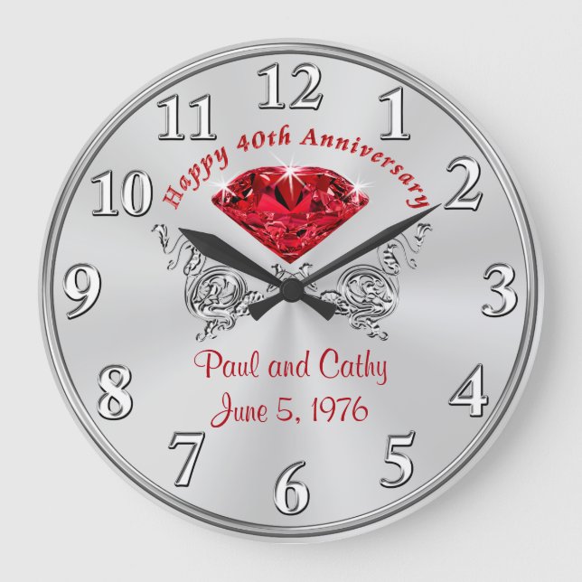 Personalized Fortieth RUBY Anniversary Gift Clock (Front)