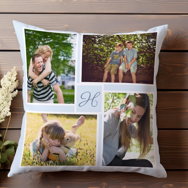 Personalized Four Photo Collage Monogram Initial Throw Pillow (Creator Uploaded)