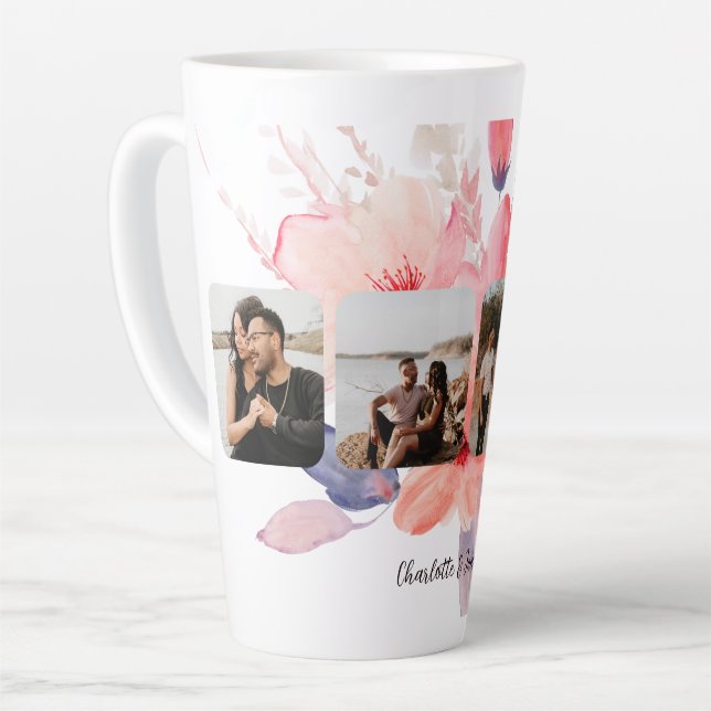 Personalized Four Photos and Text Flower Latte Mug (Left Angle)