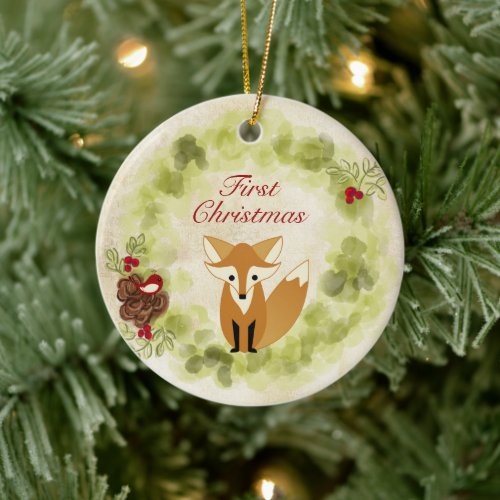 Personalized Fox and Wreath Babys First Christmas Ceramic Ornament