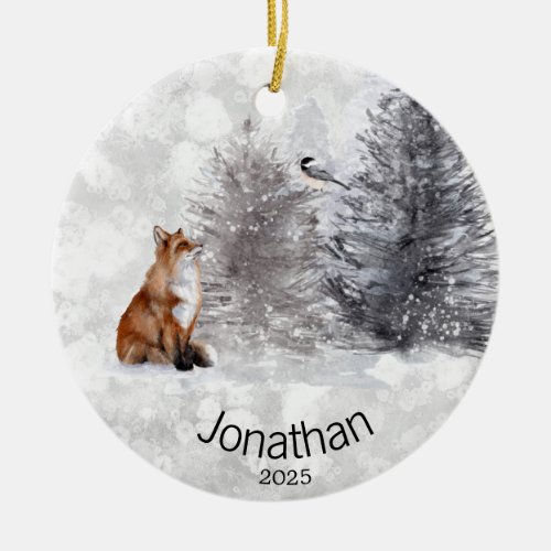 Personalized Fox Bird Winter Cabin   Ceramic Ornament