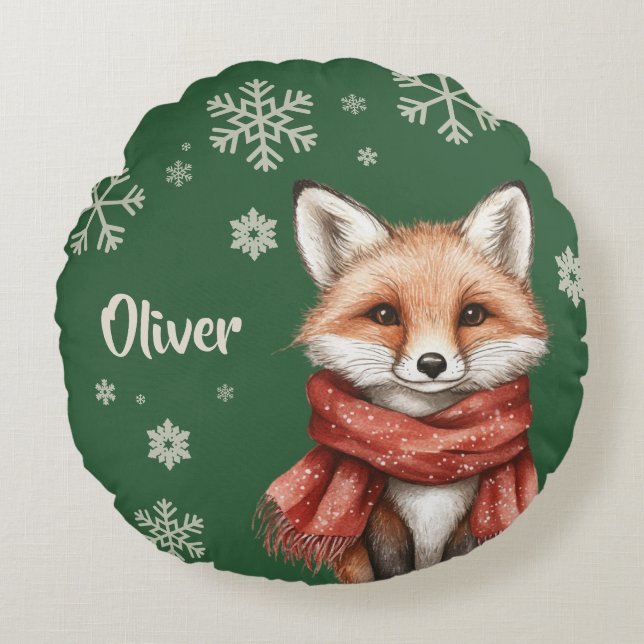 Personalized Fox Christmas Snowflake Round Pillow (Front)