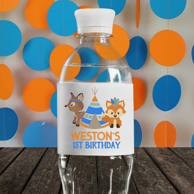 Personalized Fox & Deer Woodland Birthday Water Bottle Label (Creator Uploaded)