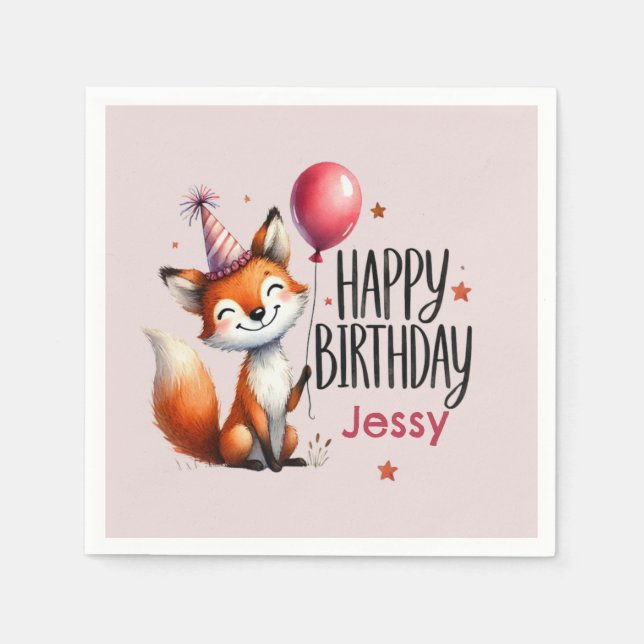 Personalized Fox Happy Birthday Napkins (Front)