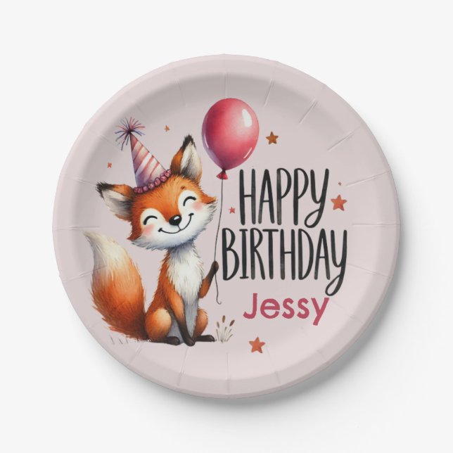 Personalized Fox Happy Birthday Paper Plates (Front)