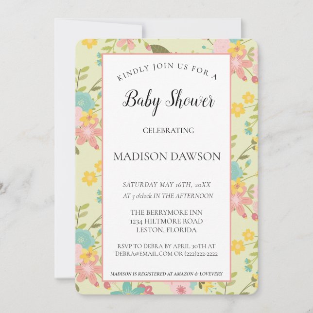 Personalized Framed Yellow Pink Green Florals Invitation (Front)