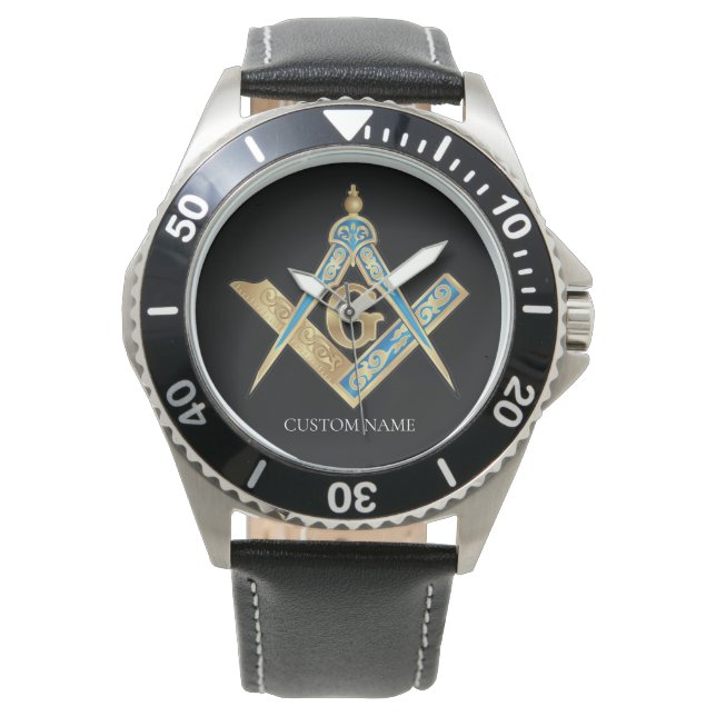 Personalized Freemason Gifts Gold Masonic Compass Watch (Front)