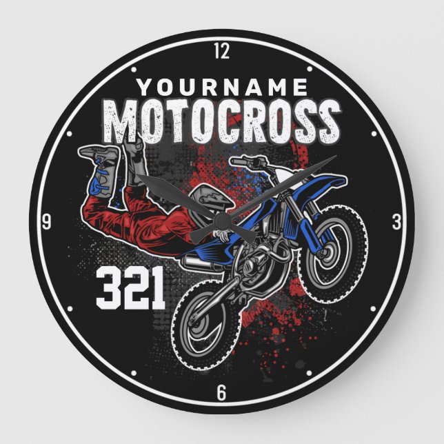 Personalized Freestyle Motocross Racing FMX Tricks Large Clock (Front)
