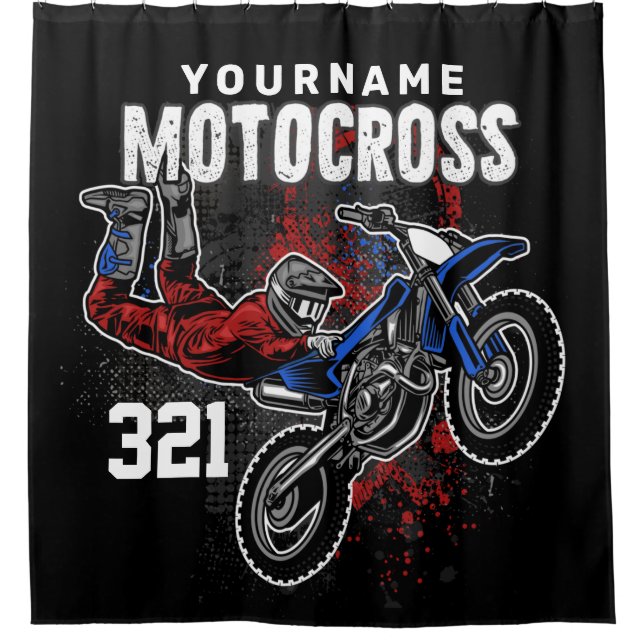 Personalized Freestyle Motocross Racing FMX Tricks Shower Curtain (Front)