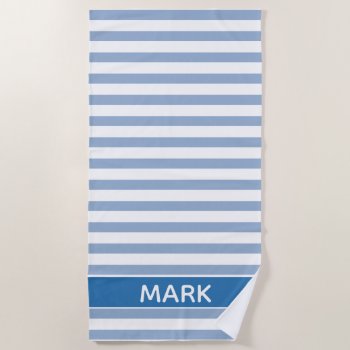 Personalized French Blue And White Cabana Stripe Beach Towel by InTrendPatterns at Zazzle