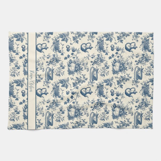 Personalized French Blue Toile Print Kitchen Towel (Horizontal)