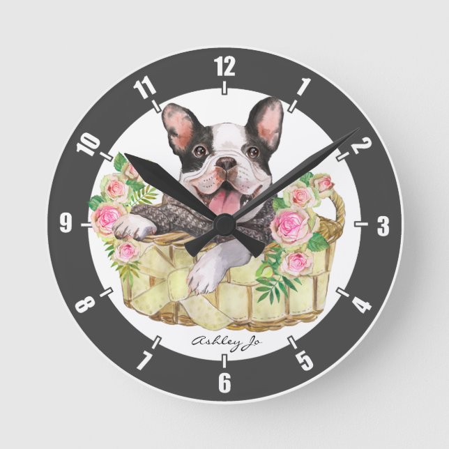 Personalized French Bulldog Floral Basket Round Clock (Front)