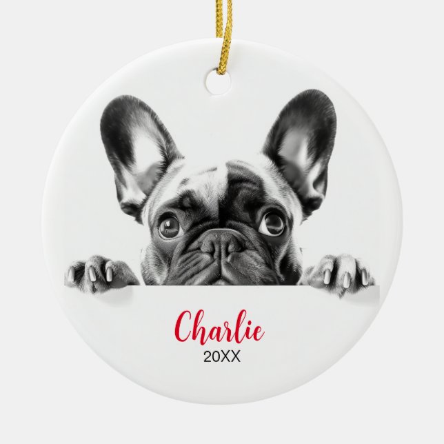 Personalized French Bulldog Peeking Ceramic Ornament (Front)