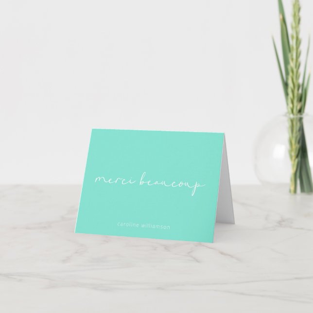 Personalized French Chic Bright Mint Pastel Script Letterpress Thank You Card (Front)