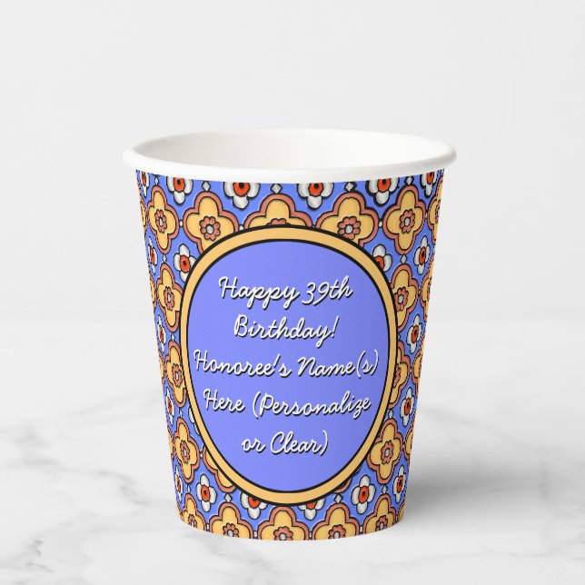 Personalized French Country Tile Blue Yellow Paper Cups (Front)