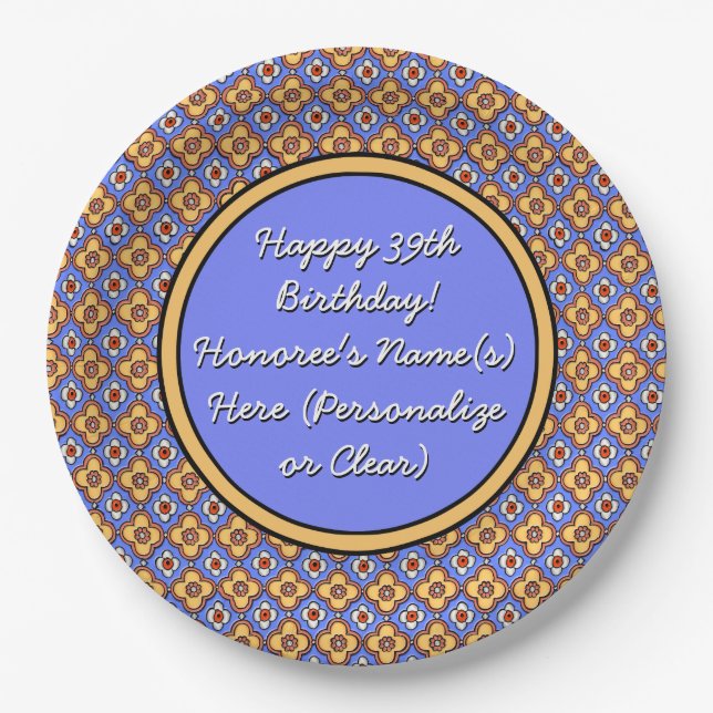 Personalized French Country Tile Blue Yellow Paper Plates (Front)