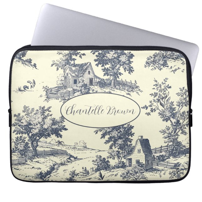 Personalized French Farmhouse Blue Toile de Jouy Laptop Sleeve (Front)