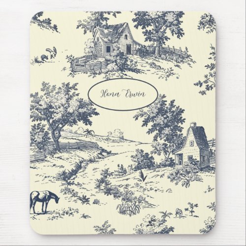 Personalized French Farmhouse Blue Toile de Jouy Mouse Pad
