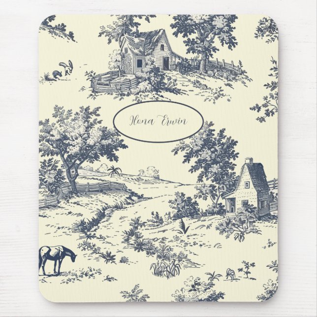 Personalized French Farmhouse Blue Toile de Jouy Mouse Pad (Front)