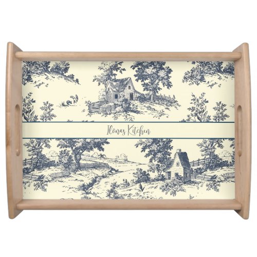 Personalized French Farmhouse Blue Toile de Jouy Serving Tray
