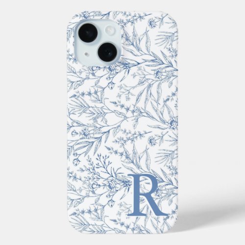 Personalized French Floral Toile Blue Monogram iPhone 15 Case