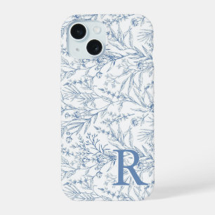 Personalized French Floral Toile Blue Monogram iPhone 15 Case